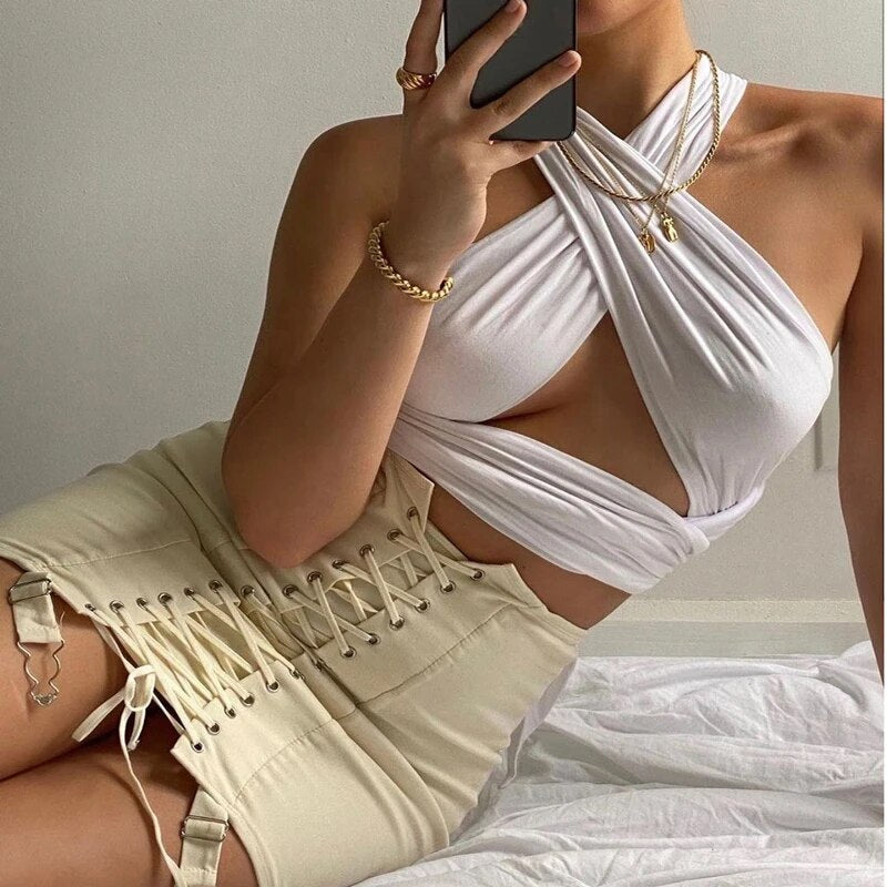 Womens Tossy DIY Y2K Style Bandage Halter Crop Top