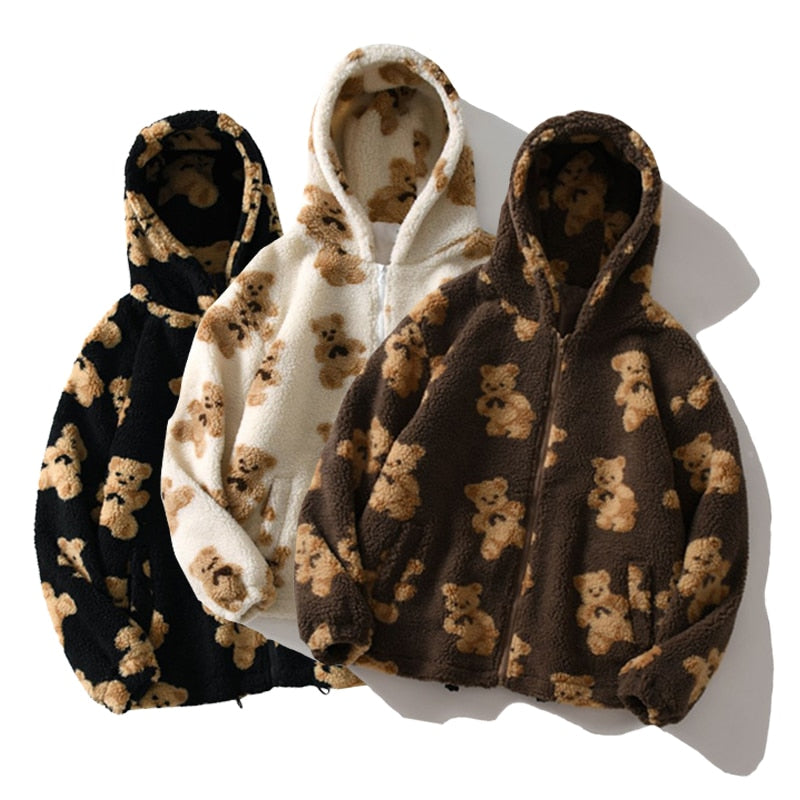 Women's Cartoon Bear Lamb Wool Zip Up Hoodie