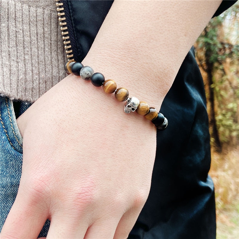 Unisex Skull Bracelets Natural Stone Tiger Eye Bracelet