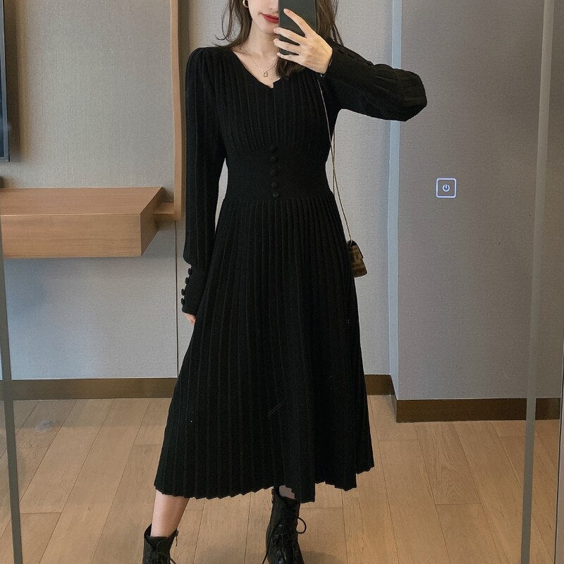 Women Knitted Dress Casual Long Sleeve Vintage\