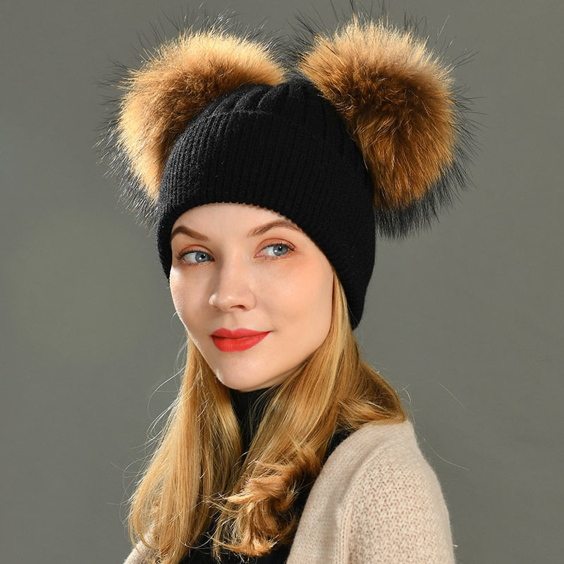 Double Fur Pompom Hat