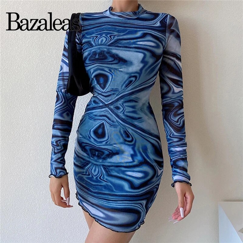 Womens bazaleas Slim Blue Wave Pattern Vestidos Dresses