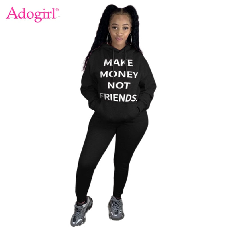 Womens Adogirl Letter Print Women Jogging Suit Long Sleeve Pockets Hoodie