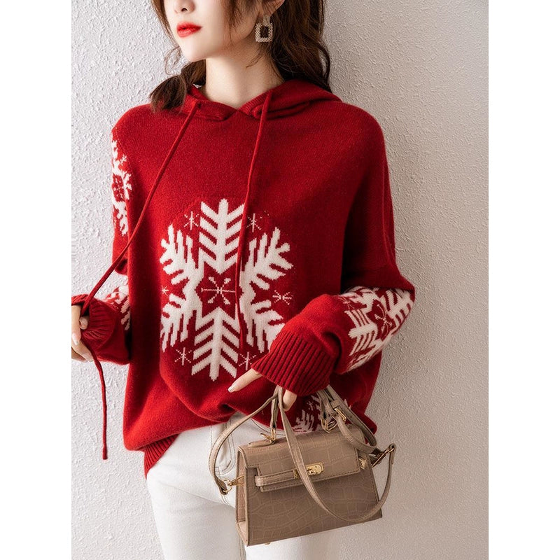 Womens Red Wool Sweater Jacquard Loose-Fitting Hooded Christmas