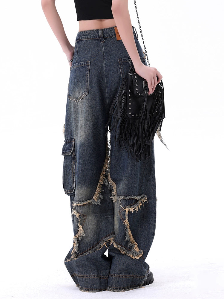 Womens Cuwu American-Style Burr Straight Niche Wide-Leg Jeans