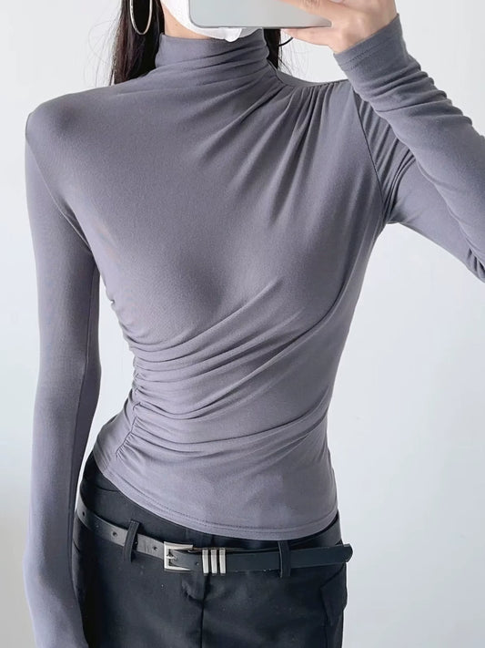 Womens European Station Long-Sleeved Elastic Top Thin Basic Shirt