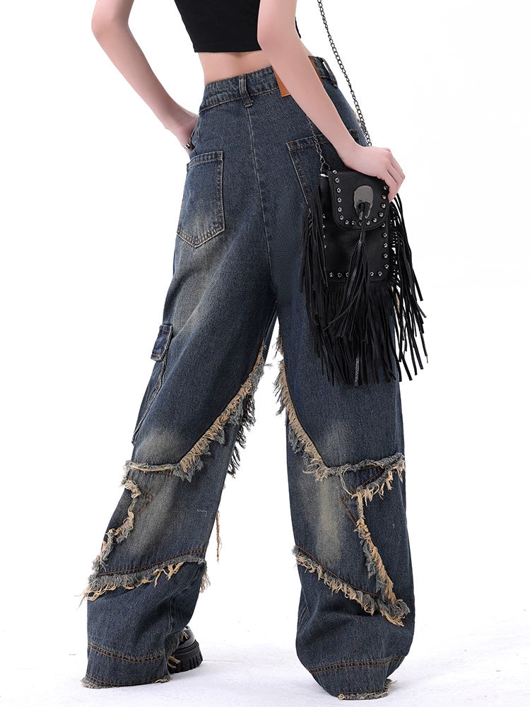 Womens Cuwu American-Style Burr Straight Niche Wide-Leg Jeans