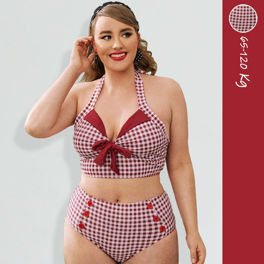 New Fashion Red Plaid Ins Sexy Bikini plus Size Plus Size Ladies Cover Your Belly with High Waist Slimming Two-Piece Swimsuits Bikini