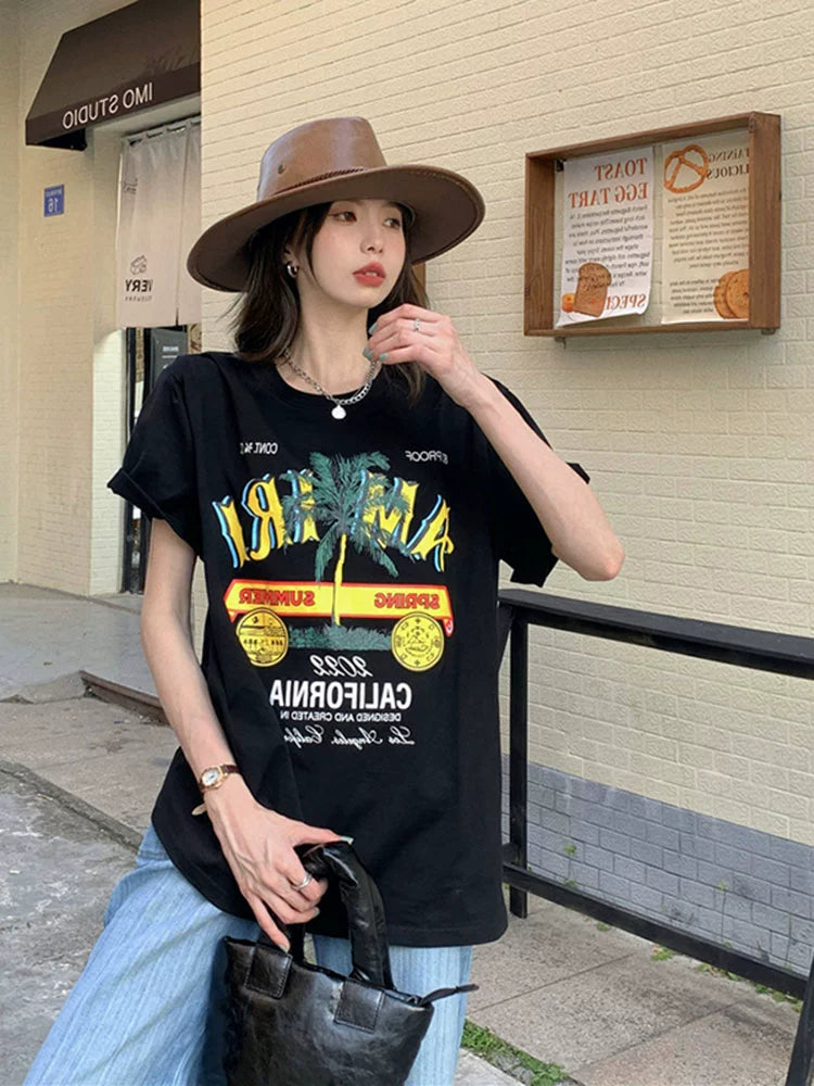 Womens Retro Summer Loose Design Half Sleeve Print T-shirt