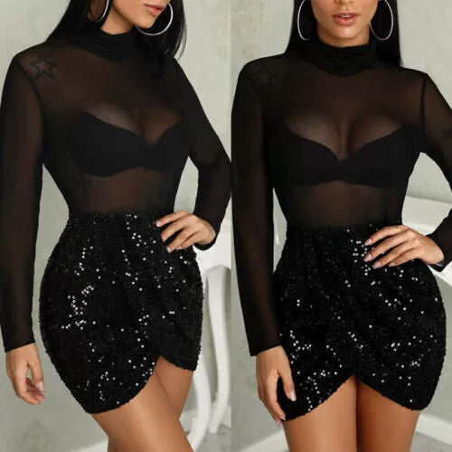 Women's Sequined See-through Wrap-Arm Dress