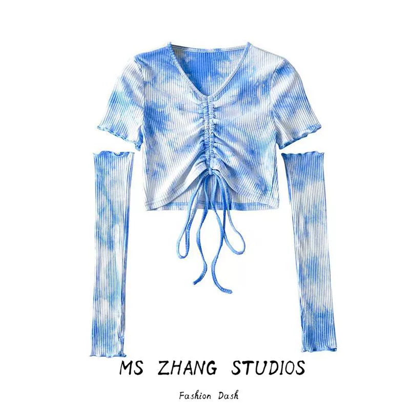 Womens Tie-Dye V-neck Two-Piece Broken Sleeve Lace-up Shirt