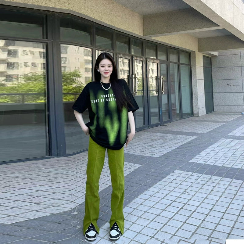 Womens Cool Sexy Green Split Casual Long Denim Pants