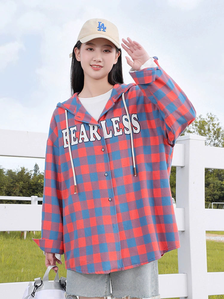 Womens Jacket Long-Sleeved Vintage Top Loose Plaid Shirt