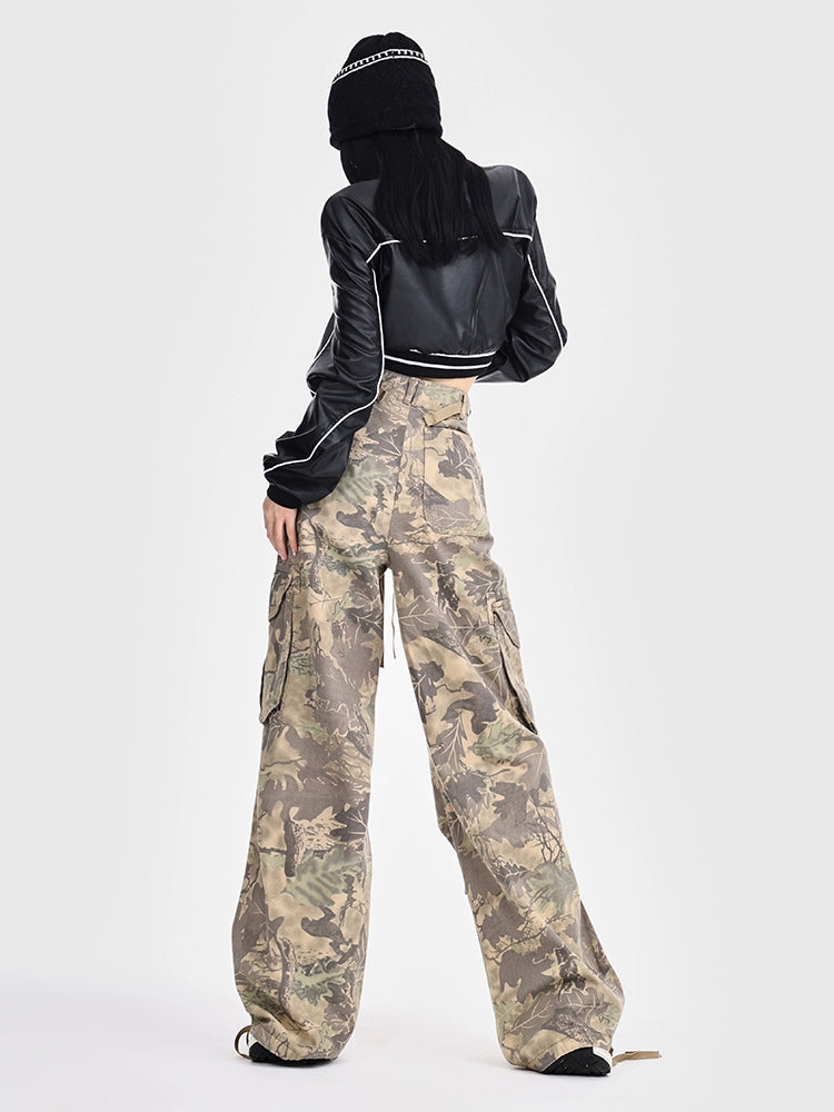 Womens RTRX Retro Drawstring Loose Casual Wide Leg Camouflage Pants