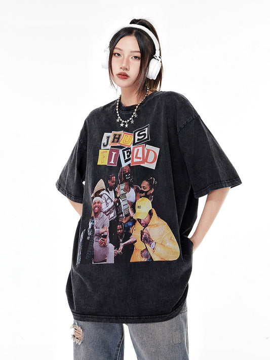 Womens Hip Hop Distressed Oversize Print Short Sleeve T-shirt