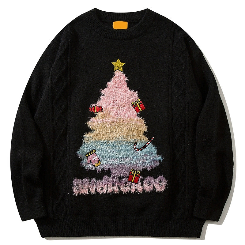 Unisex Cuwu Christmas Tree Idle Style Knitted Black Sweater