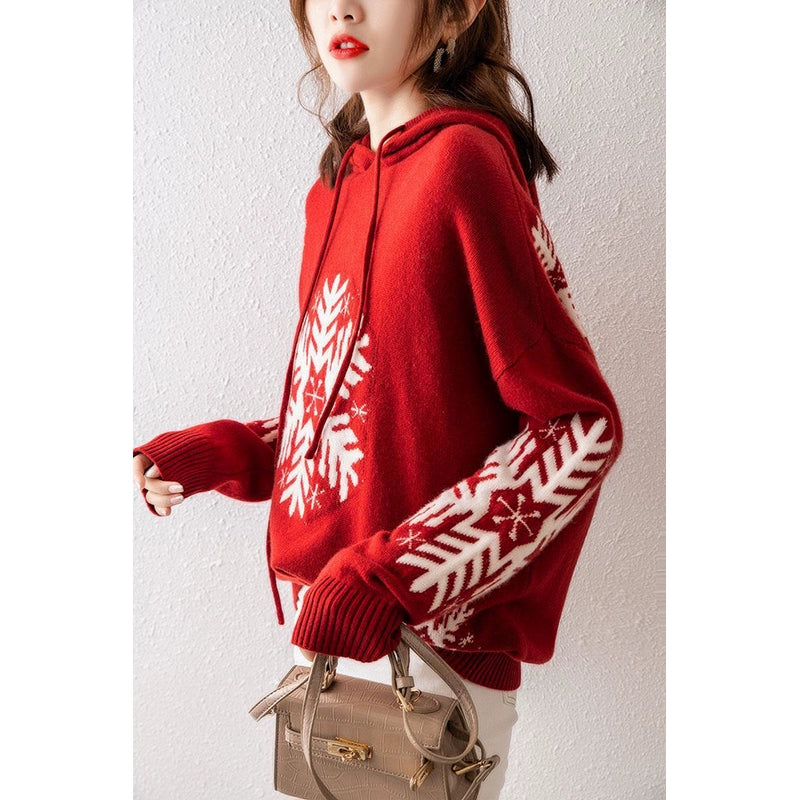 Womens Red Wool Sweater Jacquard Loose-Fitting Hooded Christmas