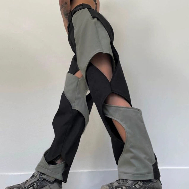 Womens Darlingaga Stylish Color Matching Irregular Hollow-out Cargo Pants