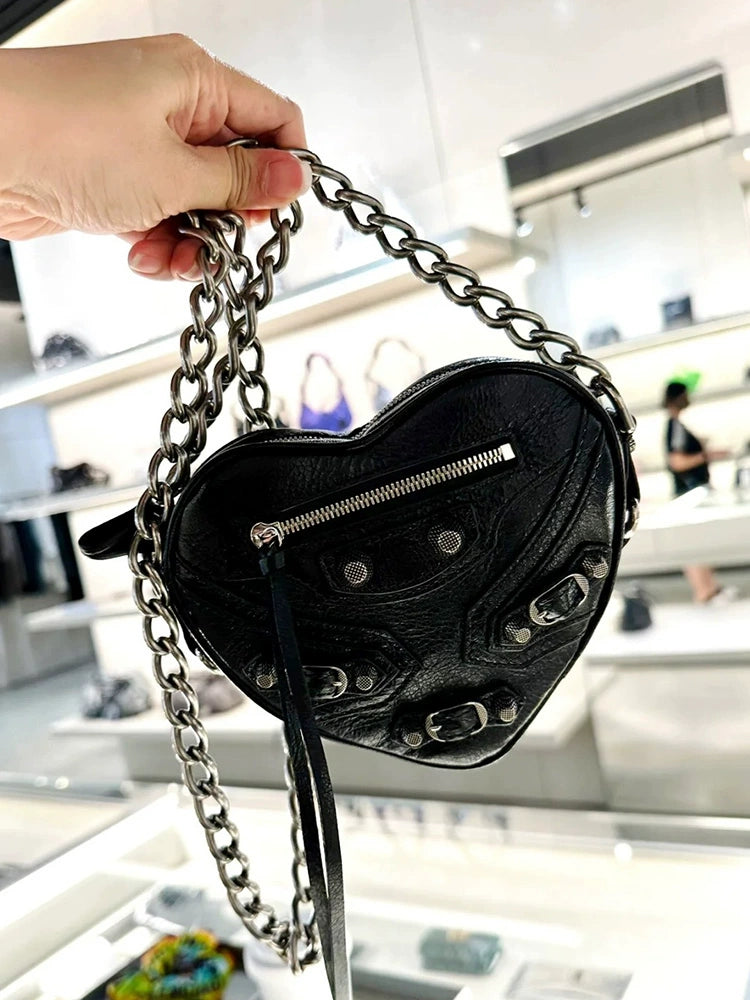 Internet Celebrity Same Style Rivet Love Heart-Shaped Shoulder Motorcycle Bag