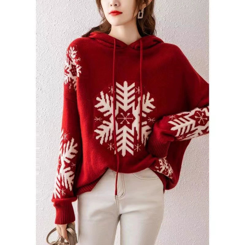 Womens Red Wool Sweater Jacquard Loose-Fitting Hooded Christmas