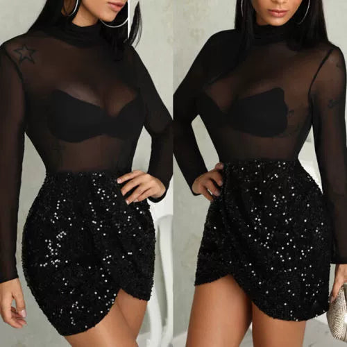 Women's Sequined See-through Wrap-Arm Dress