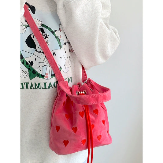 Niche Drawstring Bundle Bag for Women 2023 New Fancy Heart Embroidered Single Shoulder Bucket Bag All-Match Messenger Bag