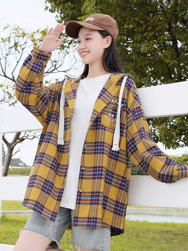 Womens Jacket Long-Sleeved Vintage Top Loose Plaid Shirt