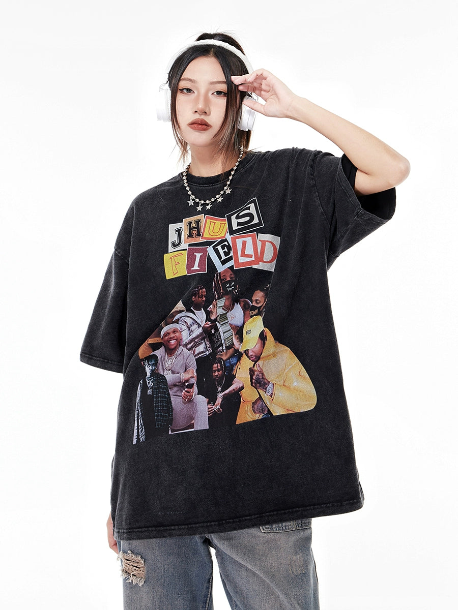 Womens Hip Hop Distressed Oversize Print Short Sleeve T-shirt