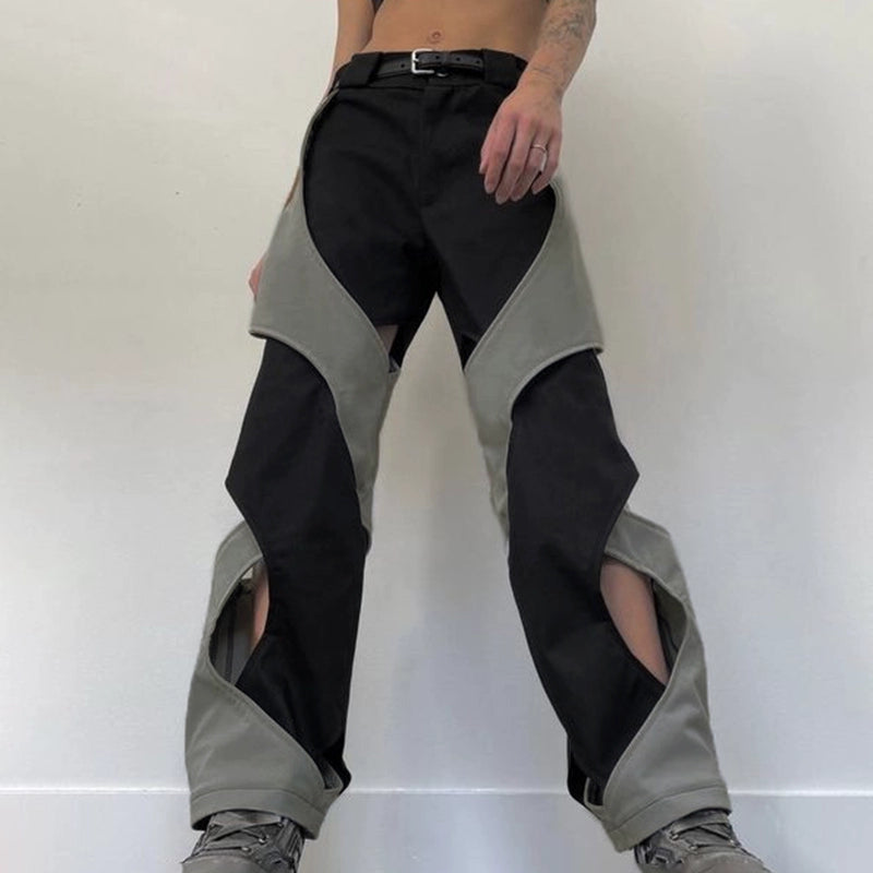 Womens Darlingaga Stylish Color Matching Irregular Hollow-out Cargo Pants