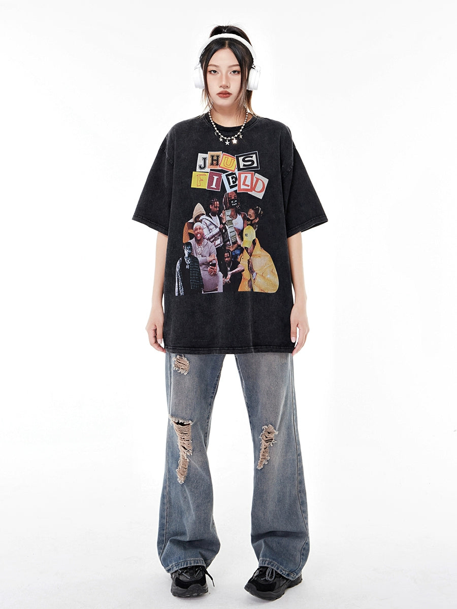 Womens Hip Hop Distressed Oversize Print Short Sleeve T-shirt