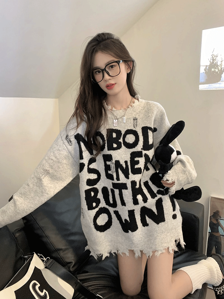 Womens American Ripped Letters Loose Mid Length Long Length Long-Sleeved Knitted Shirt