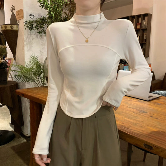 Womens Dralon Semi-High Collar Sanding Fishbone Top Base Shirt