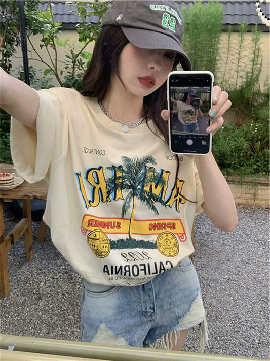 Womens Retro Summer Loose Design Half Sleeve Print T-shirt