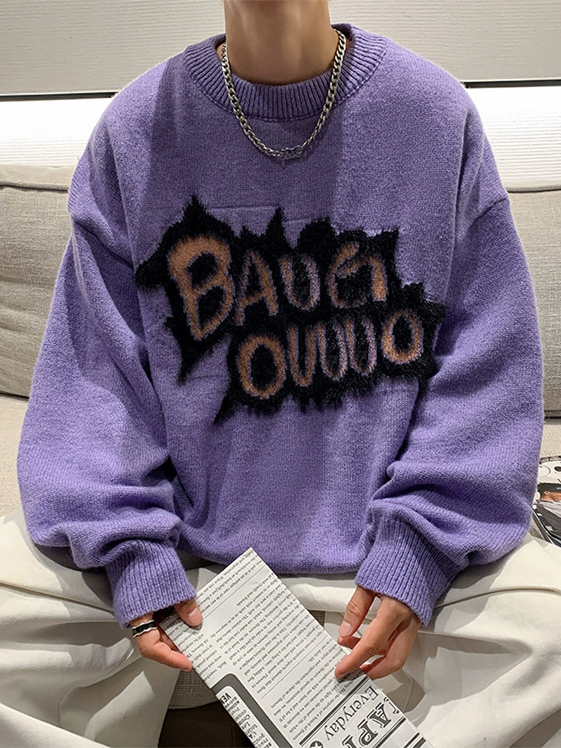 Mens Purple Crew-Neck American Retro Alphabet Couple Sweater