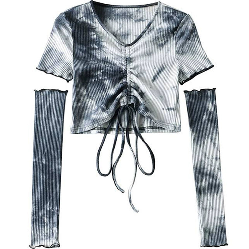 Womens Tie-Dye V-neck Two-Piece Broken Sleeve Lace-up Shirt