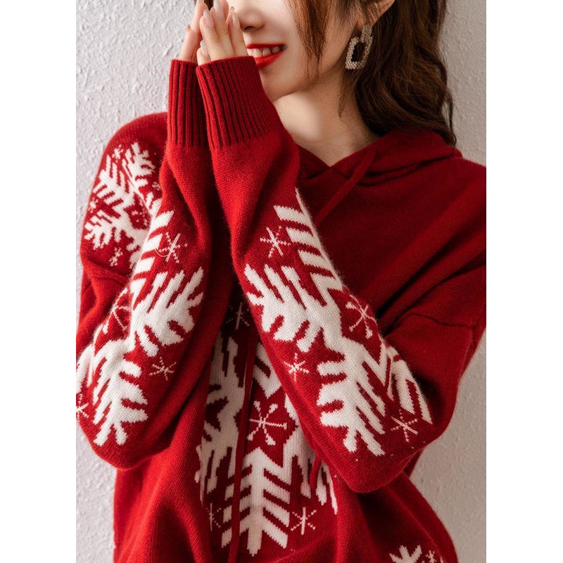 Womens Red Wool Sweater Jacquard Loose-Fitting Hooded Christmas