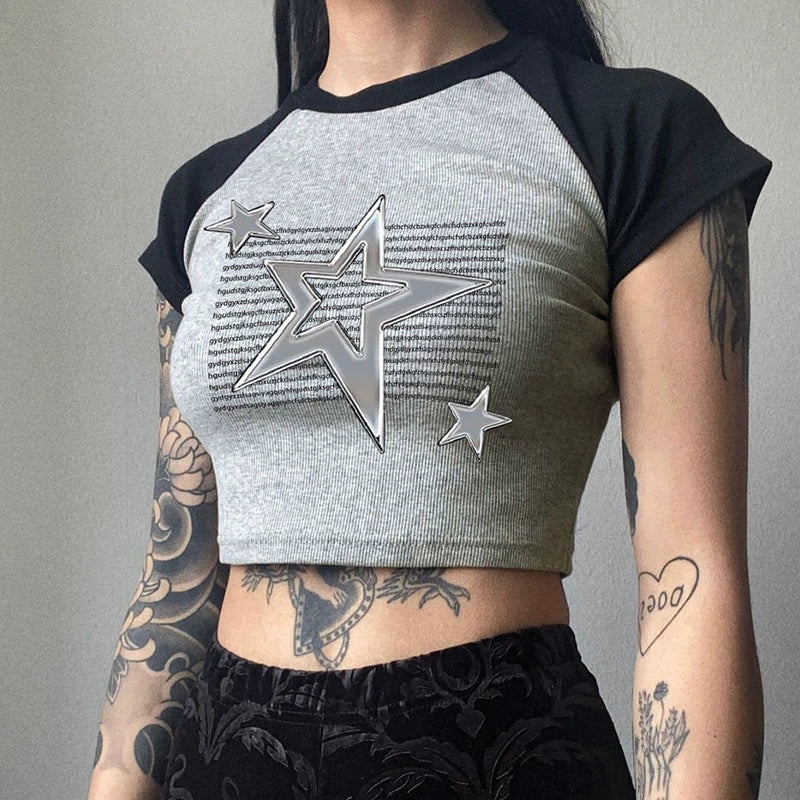 Womens European and American Light Punk Liquid Metal XINGX Print Raglan Short Sleeve