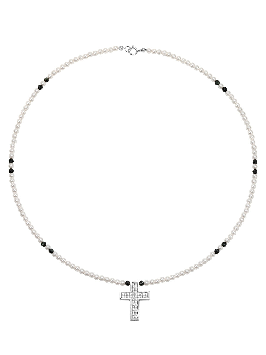 GRGR Original 4mm Pearl Necklace Retro Cross Pendant All-Match Pointed Black Stone Clavicle Chain