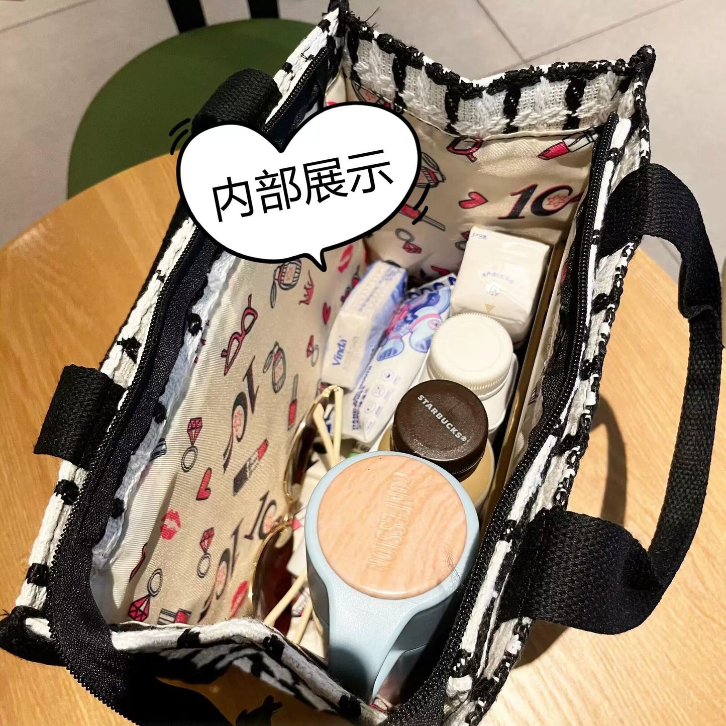 Black and White Plaid Woolen Handbag Multi-Pocket Zipper Mummy Bag Linen Portable Fashion Commuter Practical Hand Bag