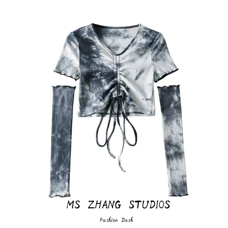 Womens Tie-Dye V-neck Two-Piece Broken Sleeve Lace-up Shirt