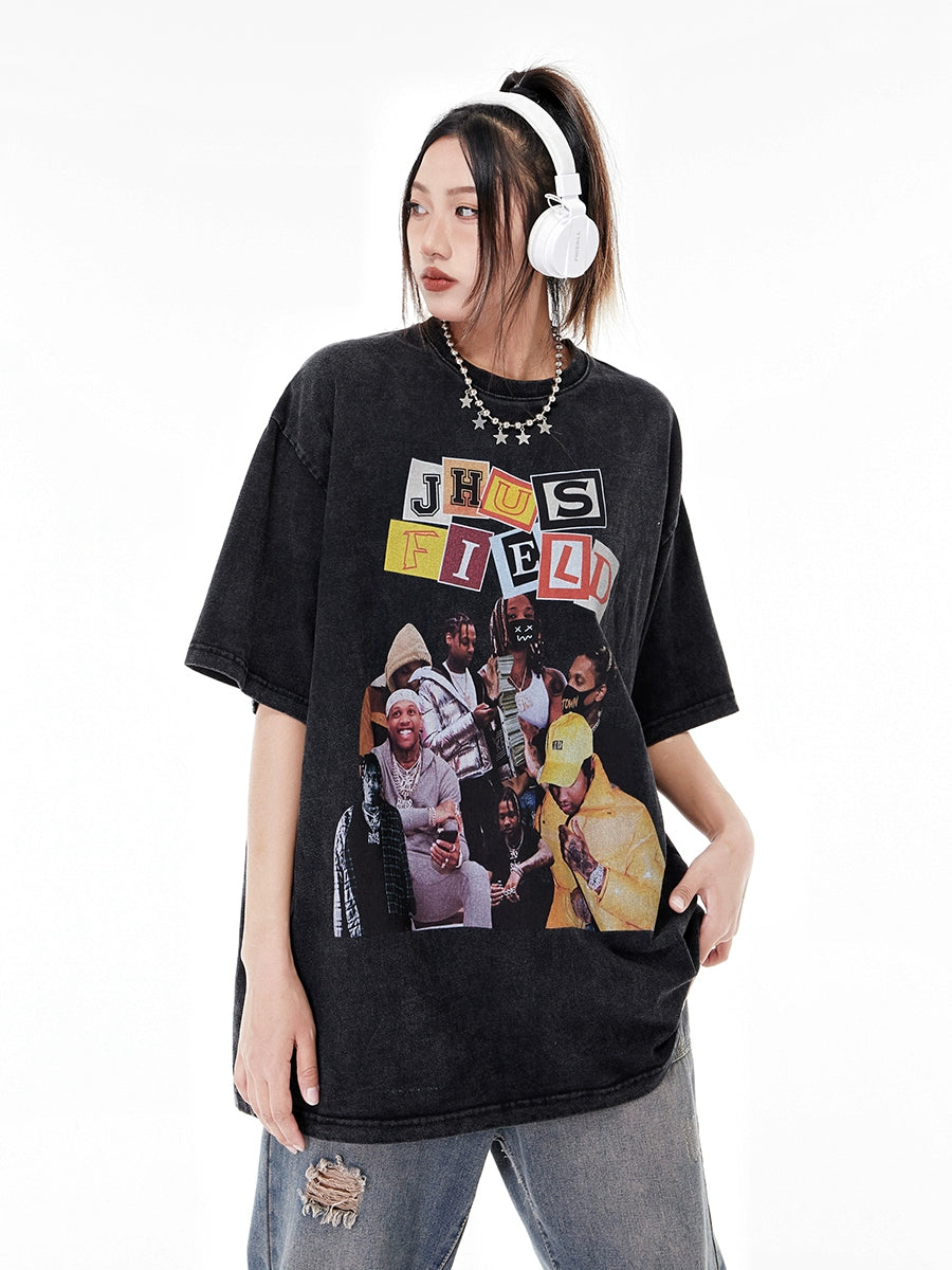 Womens Hip Hop Distressed Oversize Print Short Sleeve T-shirt