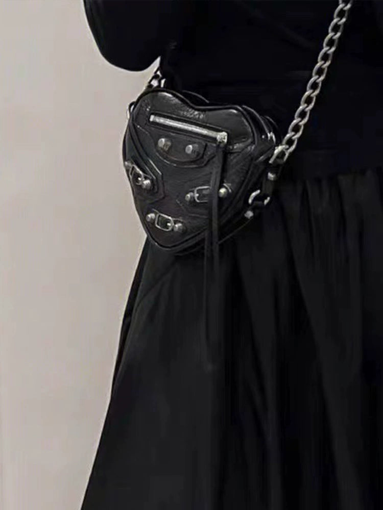 Internet Celebrity Same Style Rivet Love Heart-Shaped Shoulder Motorcycle Bag