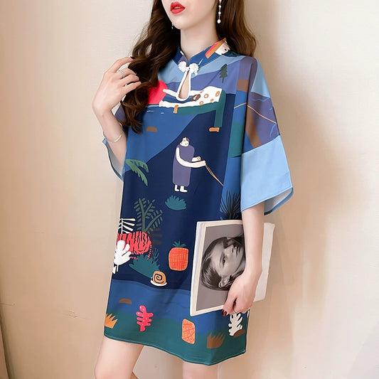 Womens Small Stand Collar Casual Cartoon Printed Dress