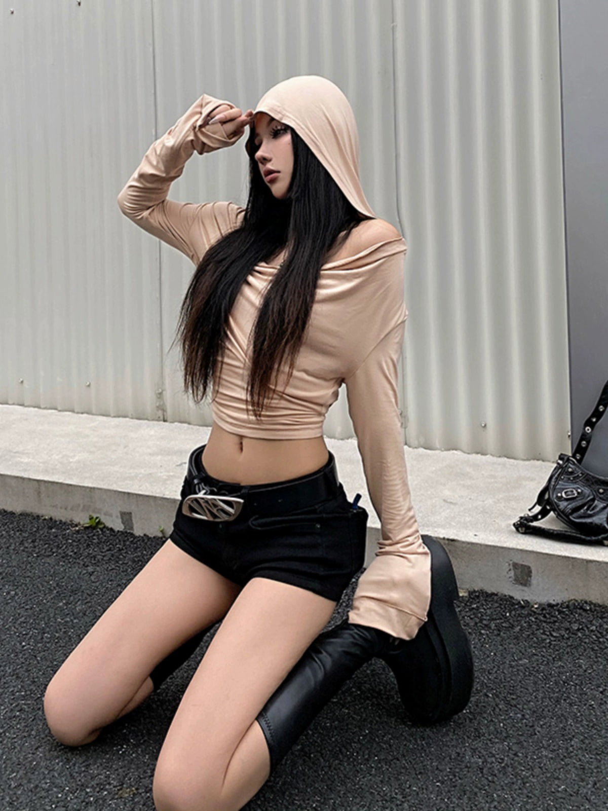 Womens Waste Soil Style Fashion Swing Collar Long-Sleeved Hooded Top