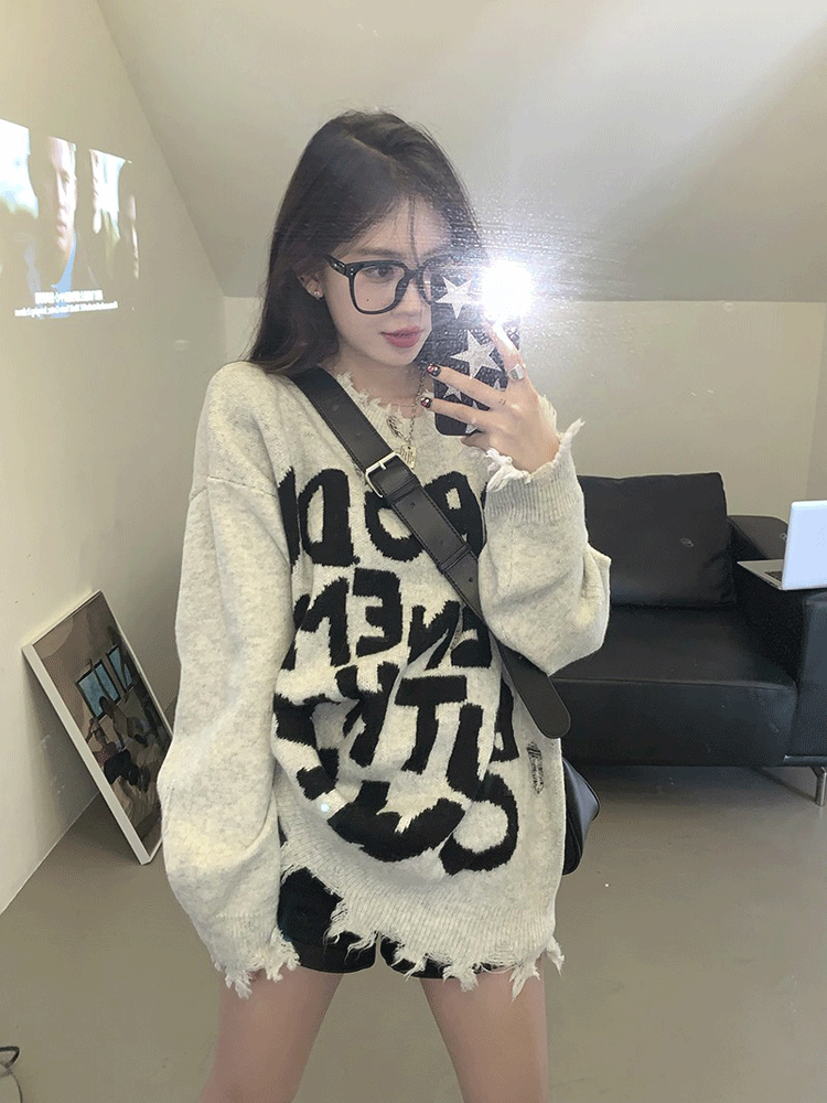 Womens American Ripped Letters Loose Mid Length Long Length Long-Sleeved Knitted Shirt