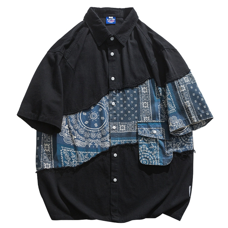 Mens Trendy Chinese Style Paisley Panel Workwear Short Sleeve Shirt