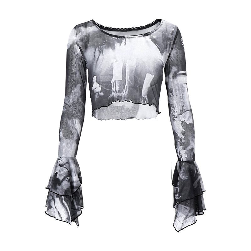 Womens round Neck Printed Tie-Dye Slim-Fit Mesh Shirt