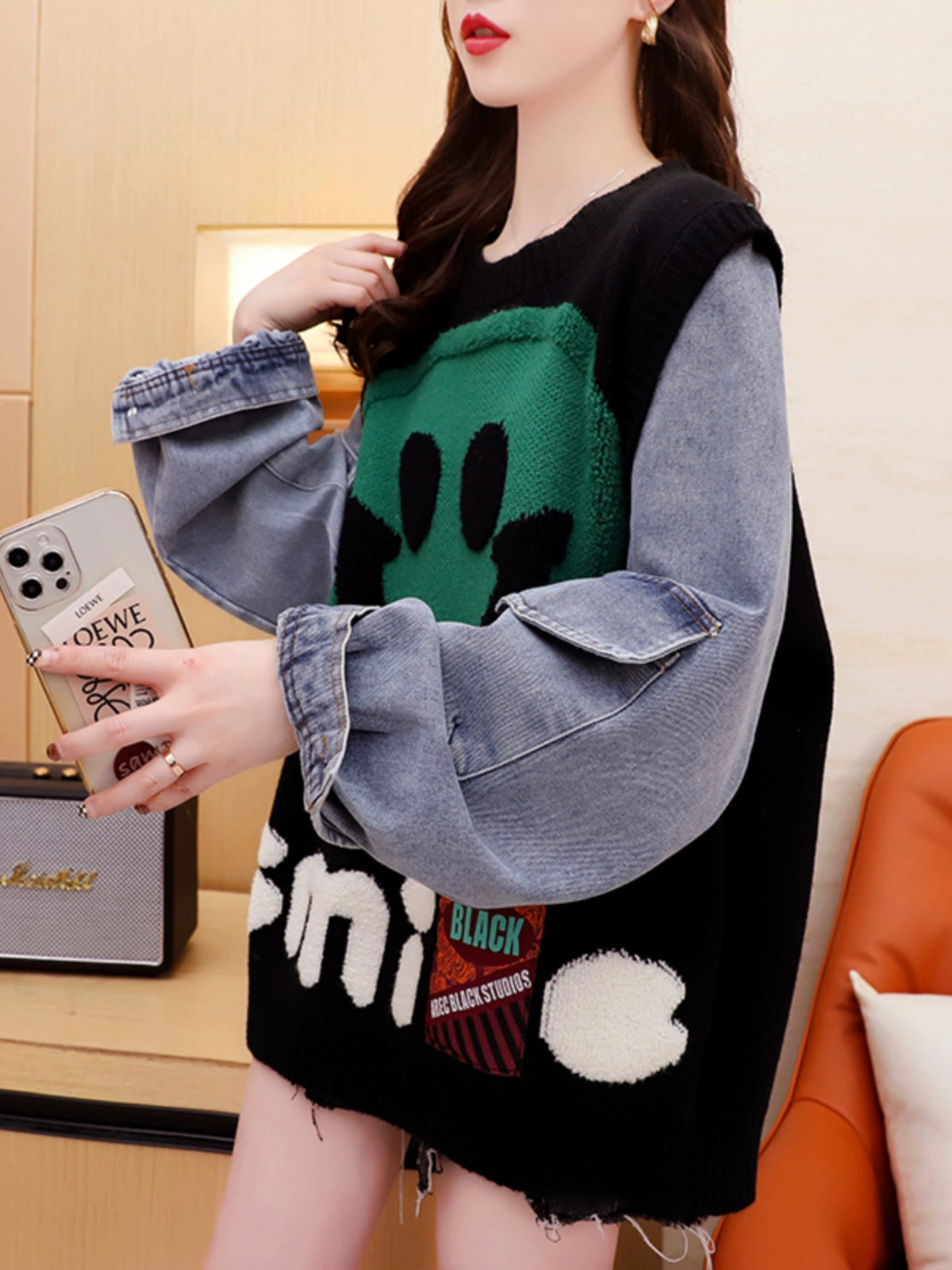 Womens Denim Patchwork Japanese Style Loose Cartoon Knitted Sweater