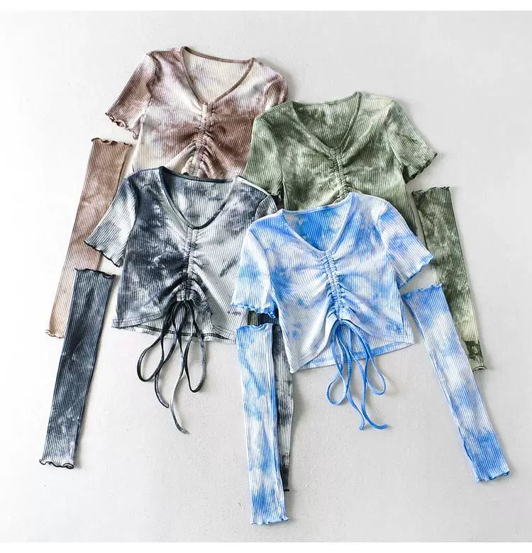 Womens Tie-Dye V-neck Two-Piece Broken Sleeve Lace-up Shirt