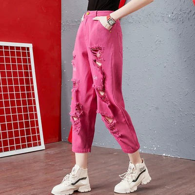 Womens Goods Brand Big Hole Denim Harem Pants